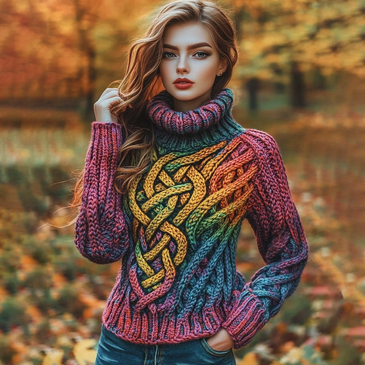 Women's Colorful Gradient Celtic Knot Art Knit Jacquard Sweater artswardrobe
