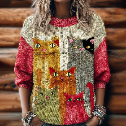 Women's Funny Cat Embroidery Round Neck Sweater artswardrobe
