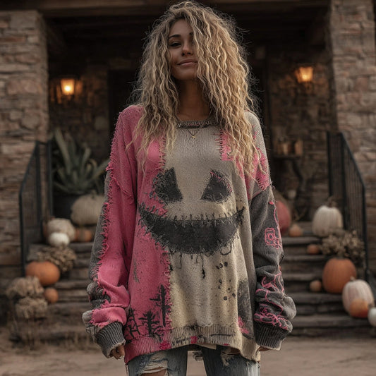 Halloween Spooky Face Contrast Stitched Cozy Knit Sweater artswardrobe