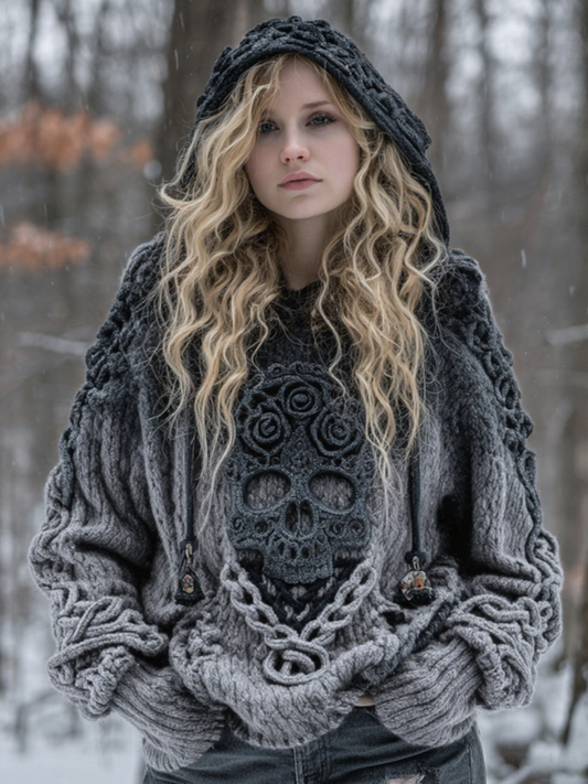 Women's Vintage Viking Tribal Celtic Skull Gradient Art Chunky Knit Hooded Sweater artswardrobe