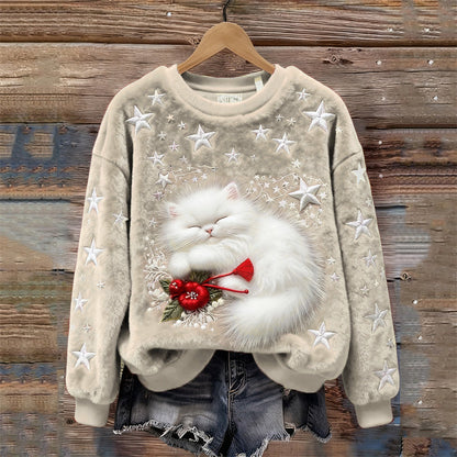 Comstylish Christmas Sleeping Fuzzy Cat Stars Embroidered Cozy Plush Sweatshirt