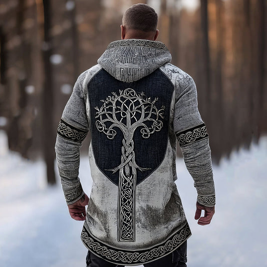 Men's Viking Tribal Jacquard Celtic With Tree Of Life Inspired Chunky Knit Zipped Hooded Sweater artswardrobe