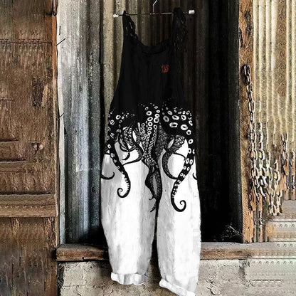 Comstylish Vintage Japanese Art Octopus Legs Print Casual Linen Blend Loose Jumpsuit