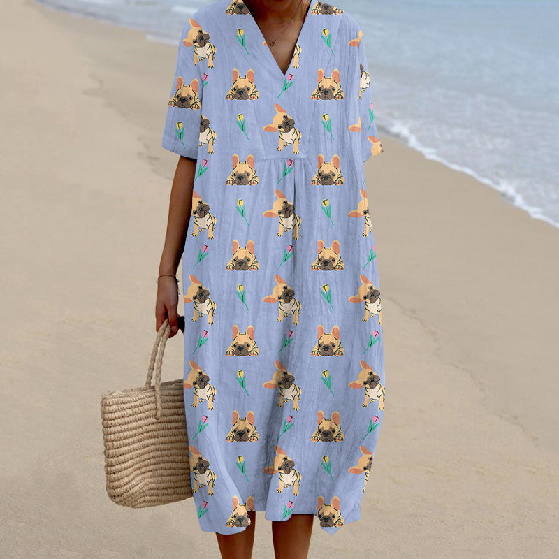 Cute Dog Art Linen Short Sleeves Midi Dress artswardrobe