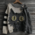 Comstylish Halloween Cute Black Cat Striped Knitted Crew Neck Sweater