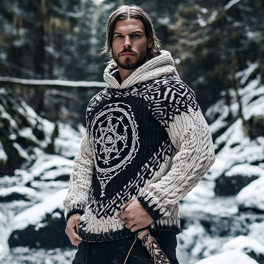 Men's Viking Tribal Jacquard Celtic Knotwork Vintage  Rune Inspired Chunky Knit Hooded Sweater artswardrobe