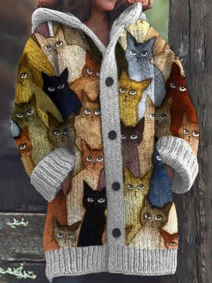 Colorful Cats Pattern Cozy Hooded Cardigan elevenforest