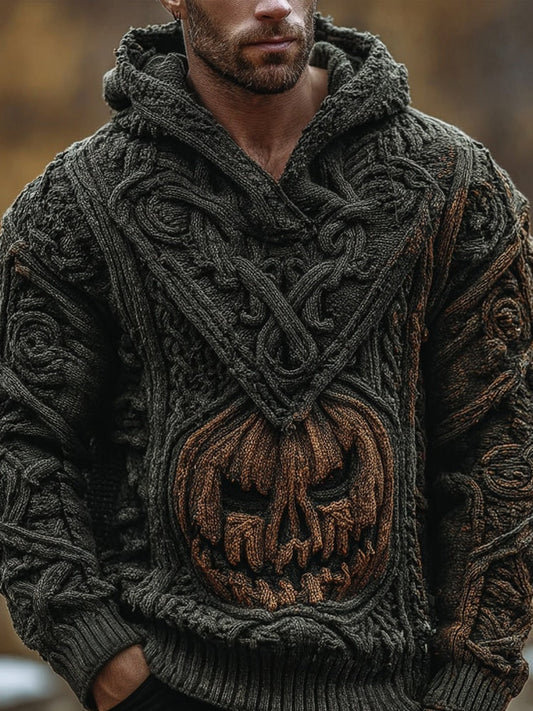 Men's Spooky Pumpkin Face Knit Chunky Hooded Sweater artswardrobe
