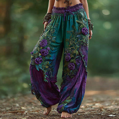 Women's Vintage Rose Floral Pattern Casual Pants artswardrobe