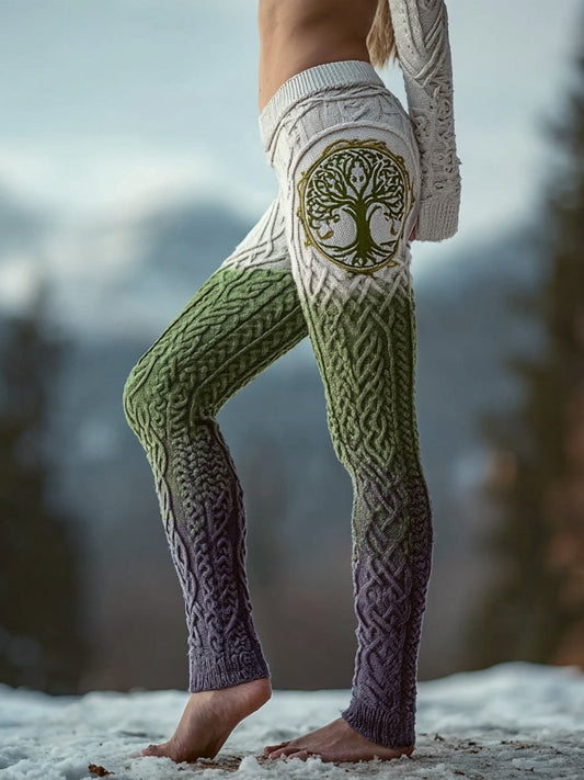 Viking Tree Of Life Celtic Gradient Knit Cozy Leggings artswardrobe