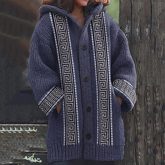 Women's Greek Geometric Jacquard Knit Cozy Hooded Cardigan artswardrobe