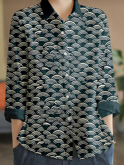Comstylish Japanese Minimalism Wave Pattern Linen Blend Blouse