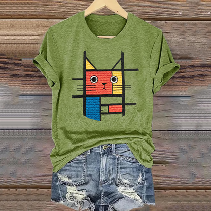 Abstract Creative Geometric  Cat Embroidered  Art Print Cotton Graphic T-shirt elevenforest