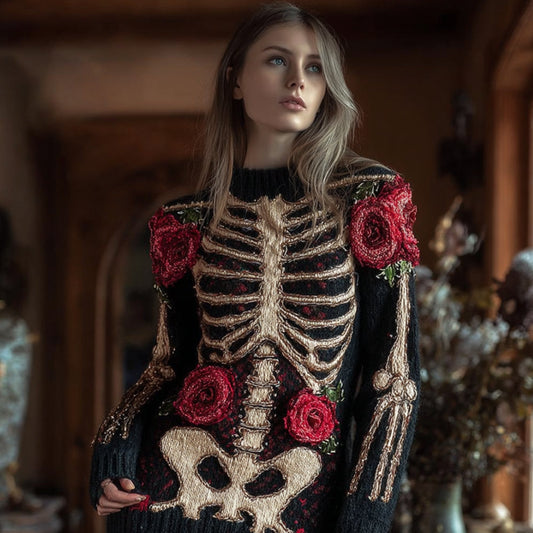 Women's Halloween Skeleton And Anatomy Art Knitted Round Neck Sweater artswardrobe