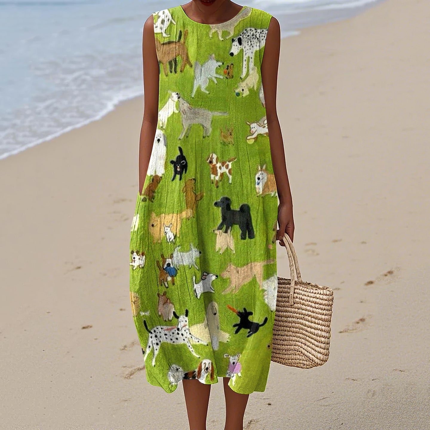 Women's Dog Art Print Crew Neck Tank Midi Dress artswardrobe