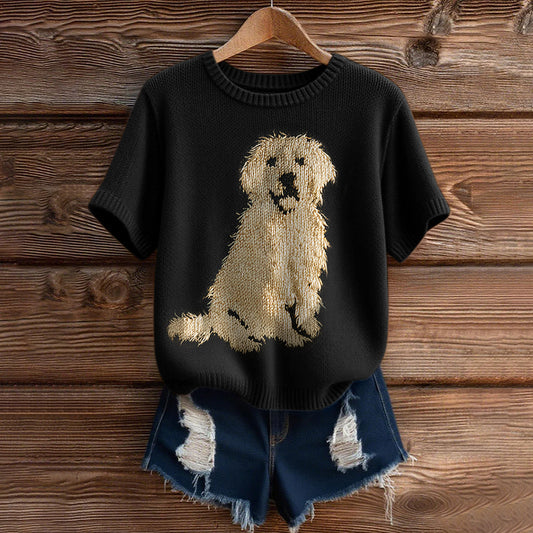 Vintage Classic Fuzzy Golden Retriever Dog Felt  Inspired Short Sleeve Cozy Knit Sweater artswardrobe