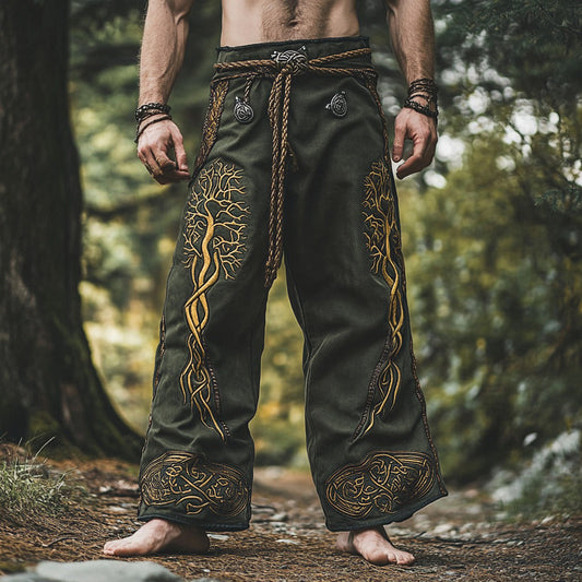 Vintage Viking Life Of Tree Embroidery Art Linen Loose Wide-leg Pants artswardrobe