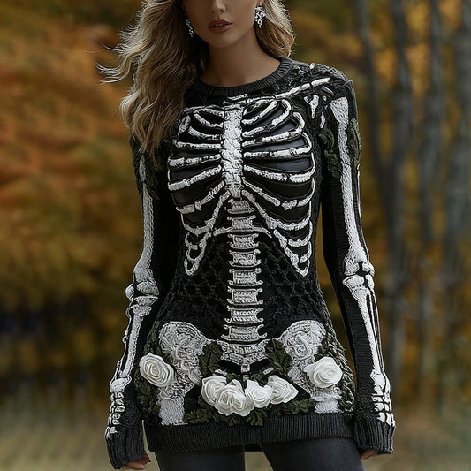 Women's Halloween Skeleton Bones With Roses Art Knitted Warm Sweater artswardrobe