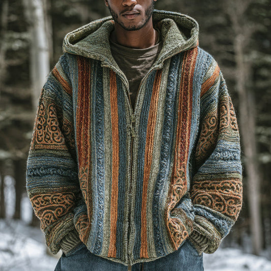 Men's Vintage Colorful Striped Celtic Jacquard Thick Warm Zip Hooded Sweater Cardigan artswardrobe