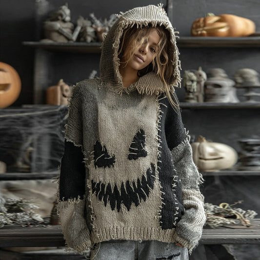 Halloween Spooky Face Contrast Stitched Hooded Sweater artswardrobe