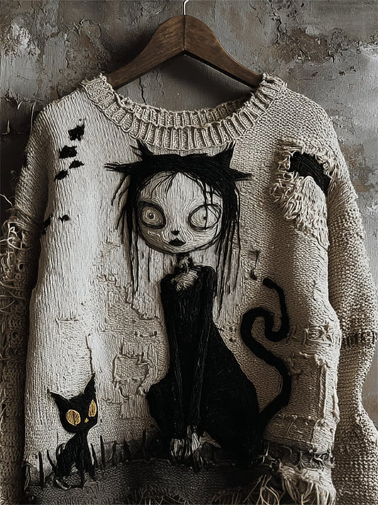 Halloween Gothic Girl & Black Cat Knit Art Cozy Sweater artswardrobe