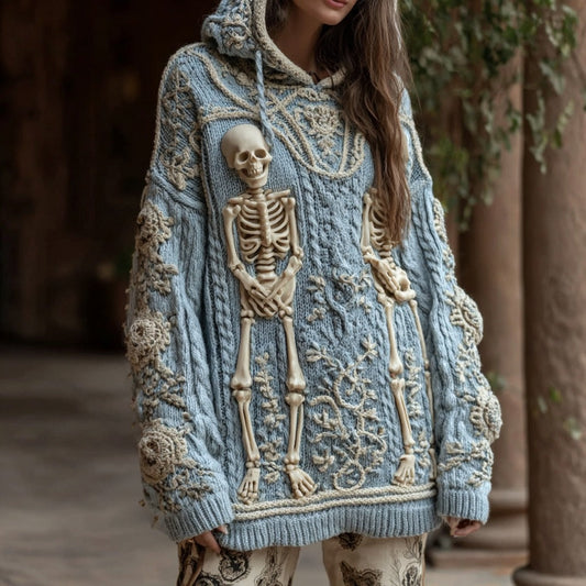 Women's Skull And Daisy Art Print Warm And Cozy Hooded Sweater artswardrobe