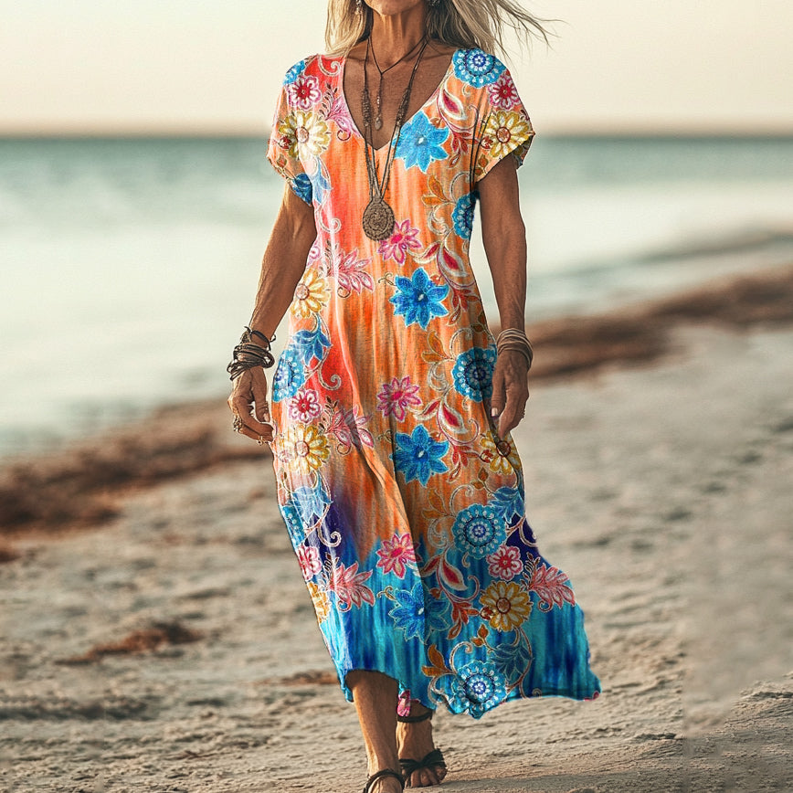 Women's Gradient Folk Flower Art Print V Neck Pocket Cotton Dress