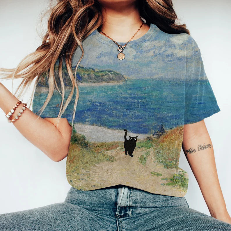 Cat Landscape Painting Art T-Shirt elevenforest