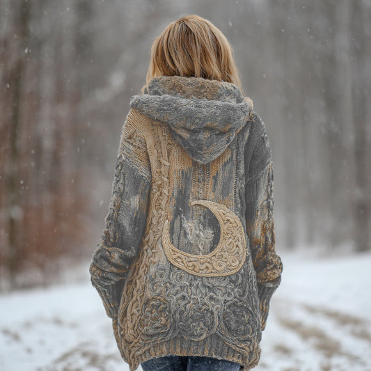 Women's Star And Moon Element Winter Warmth Knit Hooded Cardigan Sweater Jacket artswardrobe