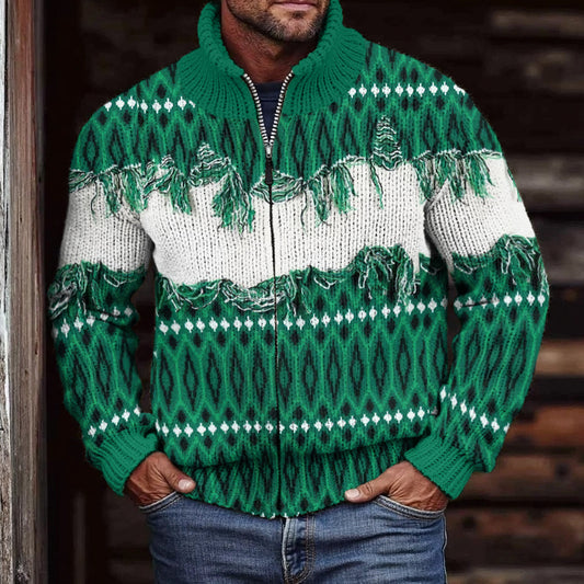 Men'S Vintage Geometry Knitted Jacquard Zipper Cozy Sweater Cardigan artswardrobe