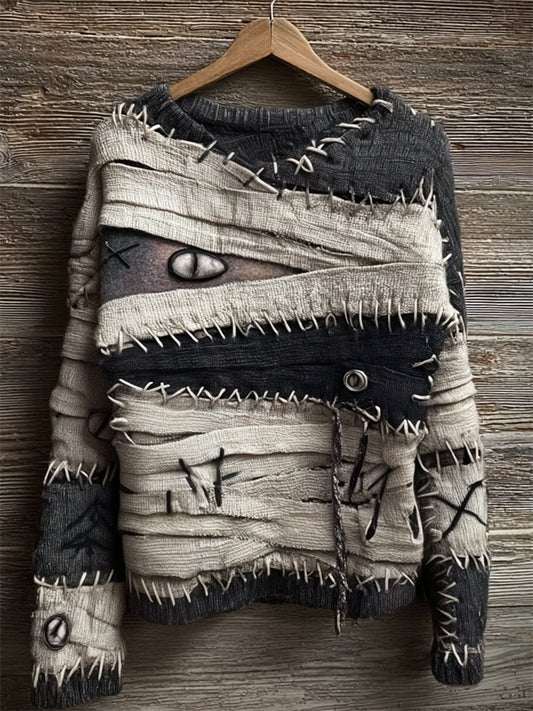 Halloween Spooky Mummy Bandages Stitched Cozy Knit Sweater artswardrobe
