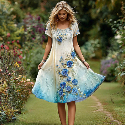 Women's Retro Floral Embroidery Gradient Pattern Round Neck Short Dress artswardrobe