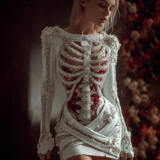 Women's Elegant Red Rose Skeleton Art Knit Mini Sweater Dress artswardrobe