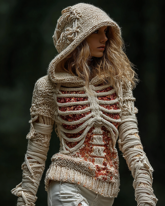 Halloween Skeleton Bandages Art Women's Knit Hooded Sweater artswardrobe