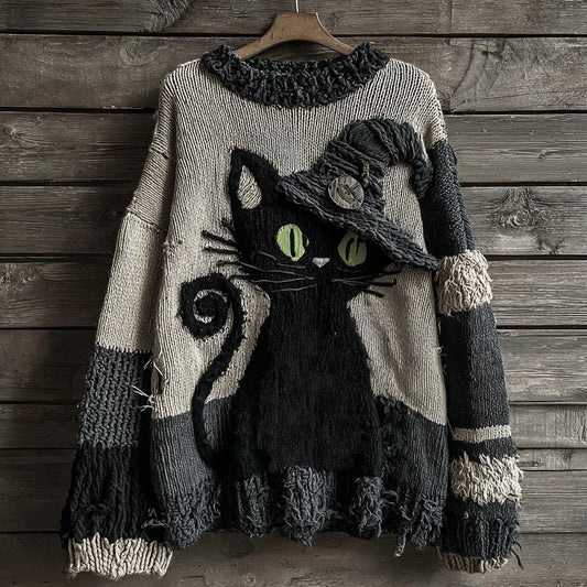 Halloween Black Cat Striped Knitted Warm Crew Neck Sweater artswardrobe