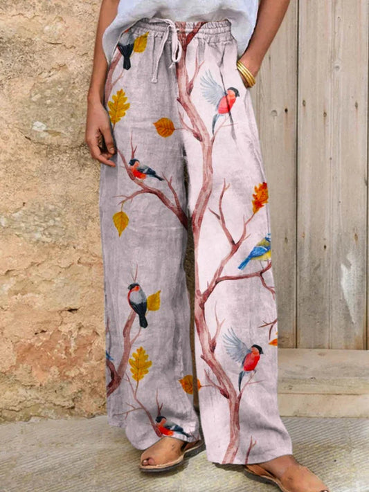 Women's Cute Bird Art Linen Wide Leg Pants artswardrobe