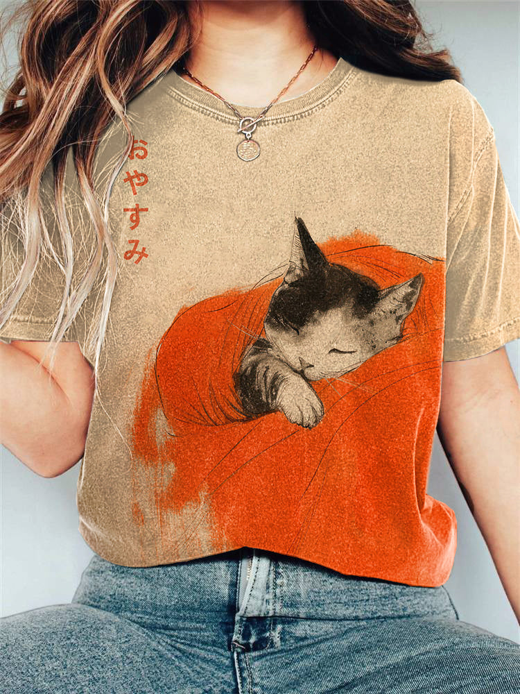 Vintage Japanese Cat Printed Casual T-Shirt elevenforest