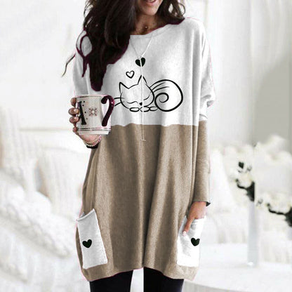 Cute Cat Print Long Sleeved Tunic elevenforest