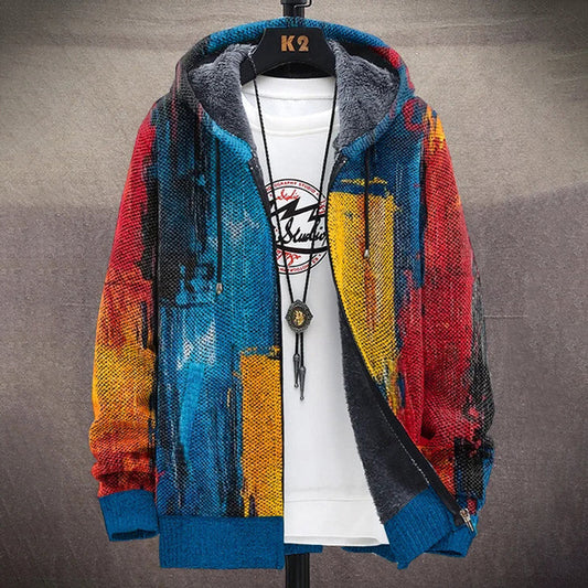 Men's Contrast Abstract Art Cozy Full Zip Hooded Cardigan artswardrobe