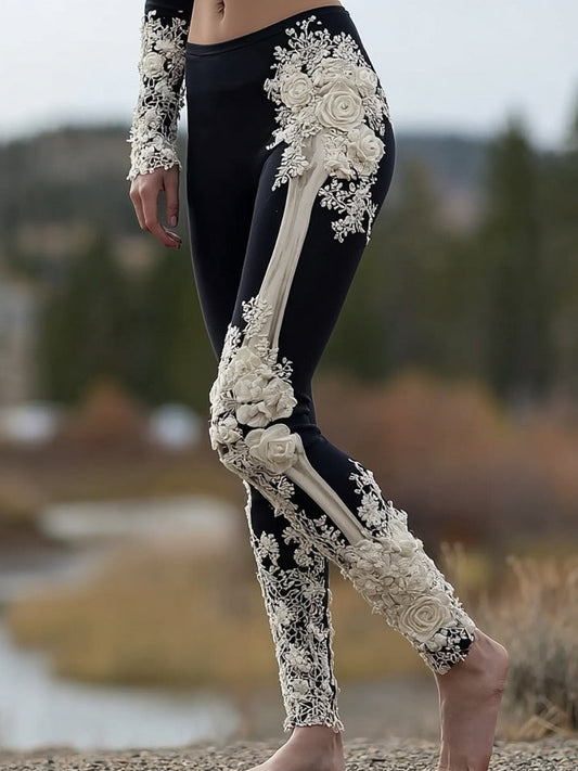Classy Skeleton Roses Embroidered Casual Leggings artswardrobe
