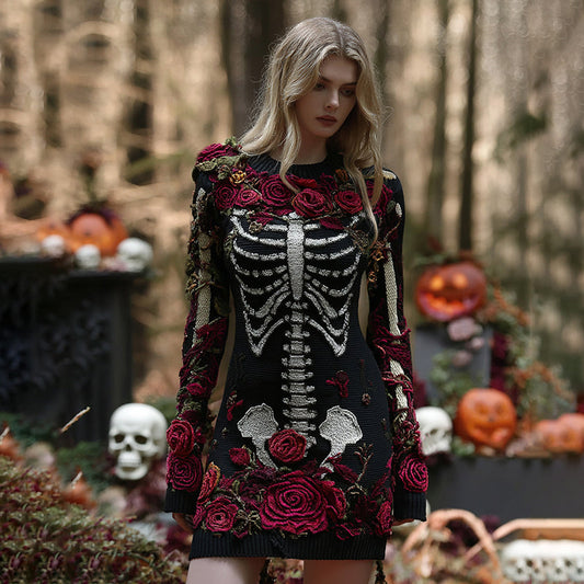 Women's Retro Floral Skull Knit Mini Sweater Dress artswardrobe