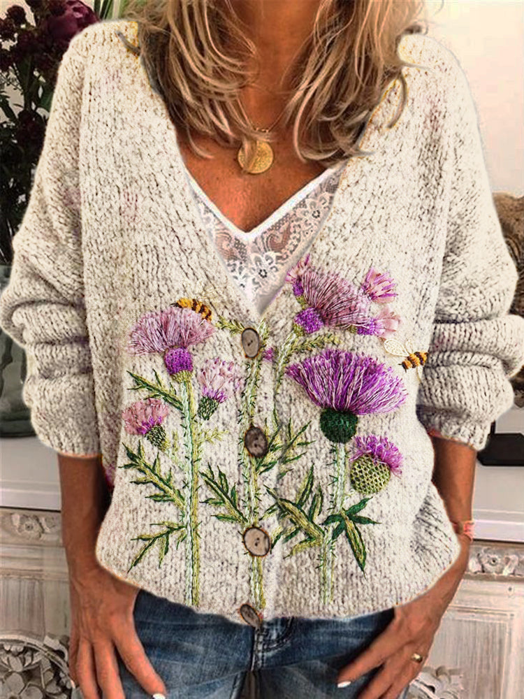 Scottish Thistle Flower & Bee Embroidery Women's V-Neck Cardigan artswardrobe