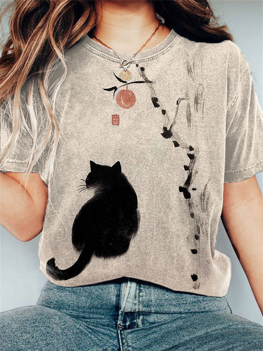 Vintage Japanese Cat Print Casual Cozy T-shirt elevenforest