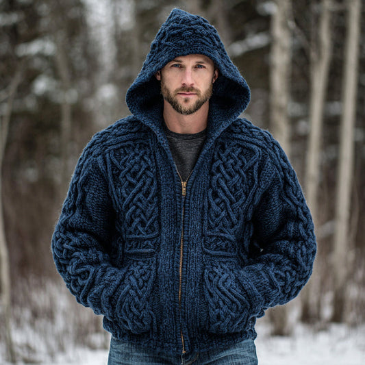 Men's Vintage Fairman Island Celtic Knot Art Jacquard Thick Warm Zip Hooded Sweater Cardigan artswardrobe