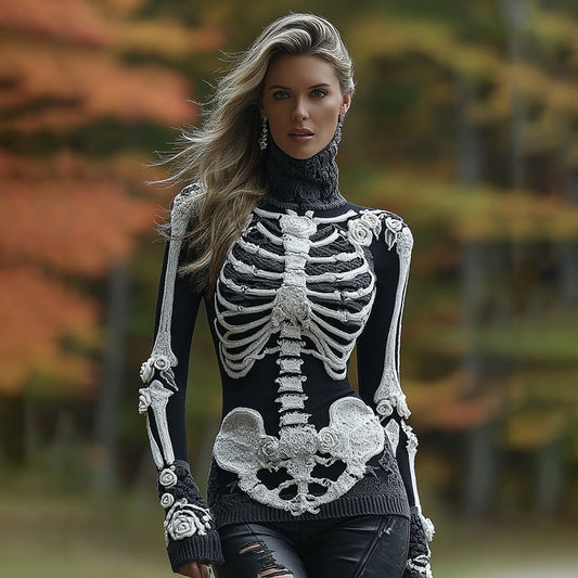 Women's Halloween Skeleton Bones With Roses Art Knitted Warm Turtleneck Sweater artswardrobe