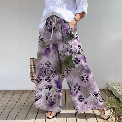 Comstylish Retro Elegant Japanese Watercolor Art Print Cotton Linen Wide Leg Pants