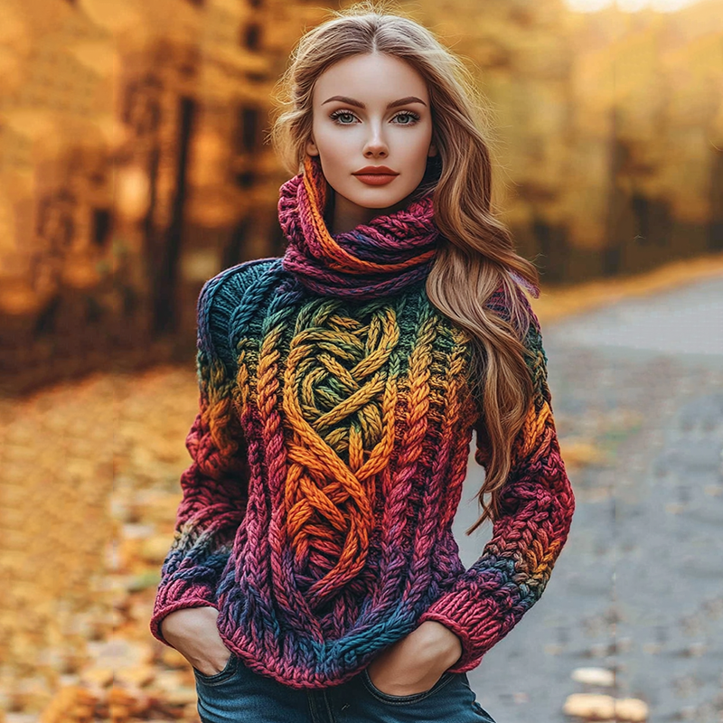 Irish Rainbow Pattern Jacquard Cozy Turtleneck Sweater artswardrobe