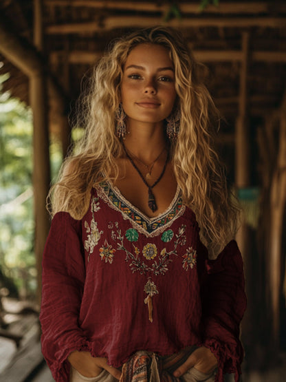 Comstylish Retro Boho Tribal Art Embroidery Print Cotton And Linen V-neck Loose Shirt