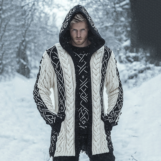 Men's Vintage Viking Rune Knit Jacquard Hooded Cardigan artswardrobe