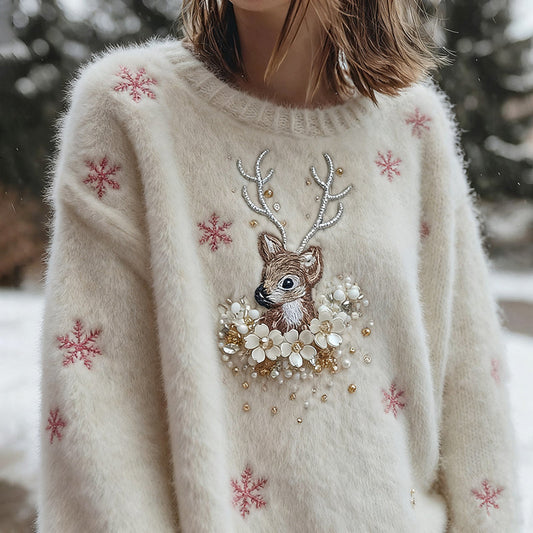 Women's Christmas Elk And Snowflake Embroidered Cozy Knit Sweater artswardrobe